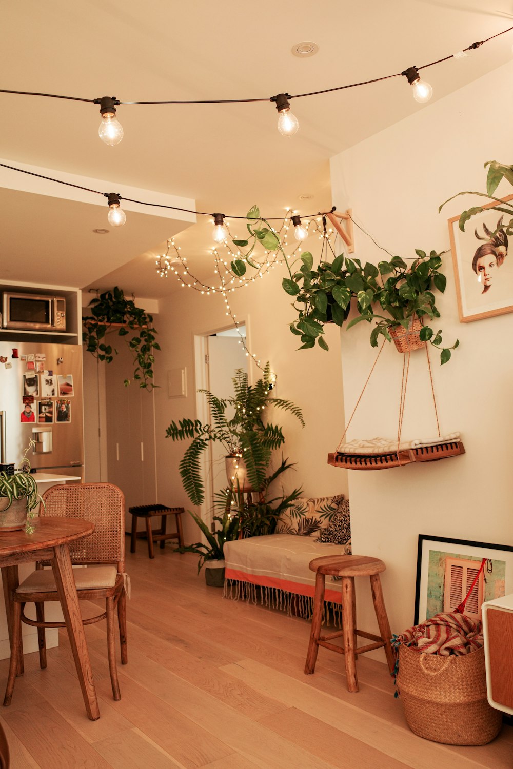 Grüne Zimmerpflanze in der Nähe von braunem Holztisch