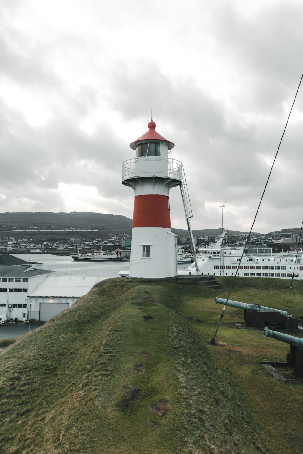 white and red lighthouse on green grass field under cloudy sky during daytime