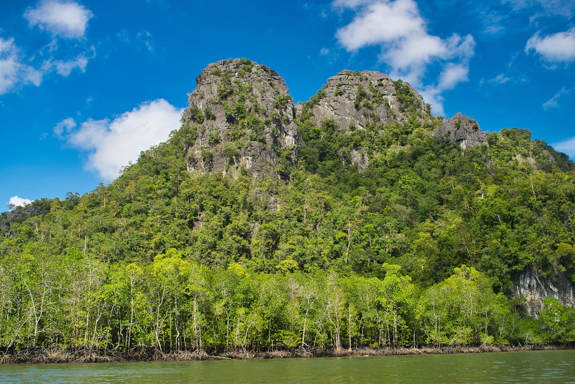 Dramatic limestone cliffs rising from the water