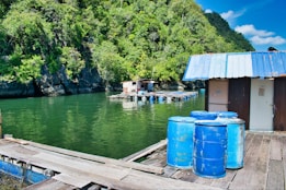 A rustic wooden platform over a body of green water, with a small building that has a blue and white metal roof. Several large blue barrels are positioned on the wooden planks. In the background, lush green foliage covers steep rocky cliffs, and a small floating structure is tethered to the platform.