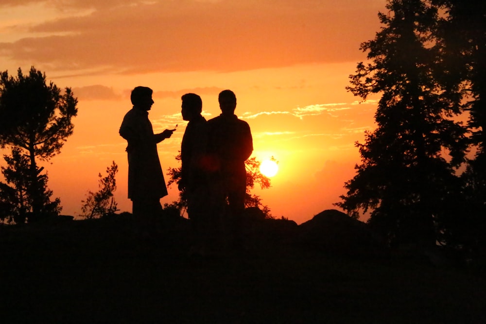 silhouette of 2 men standing near tree during sunset