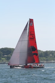 A sleek racing sailboat with a large red sail, featuring logos and designs, glides through the water. The background shows a distant shoreline with trees under a clear blue sky.