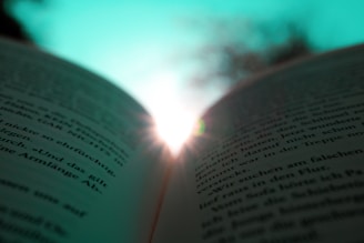 An open book viewed from a low angle, with text visible on the pages. Sunlight shines brightly from the horizon, creating a lens flare effect. The background is a gradient of sky colors inversely faded to green.