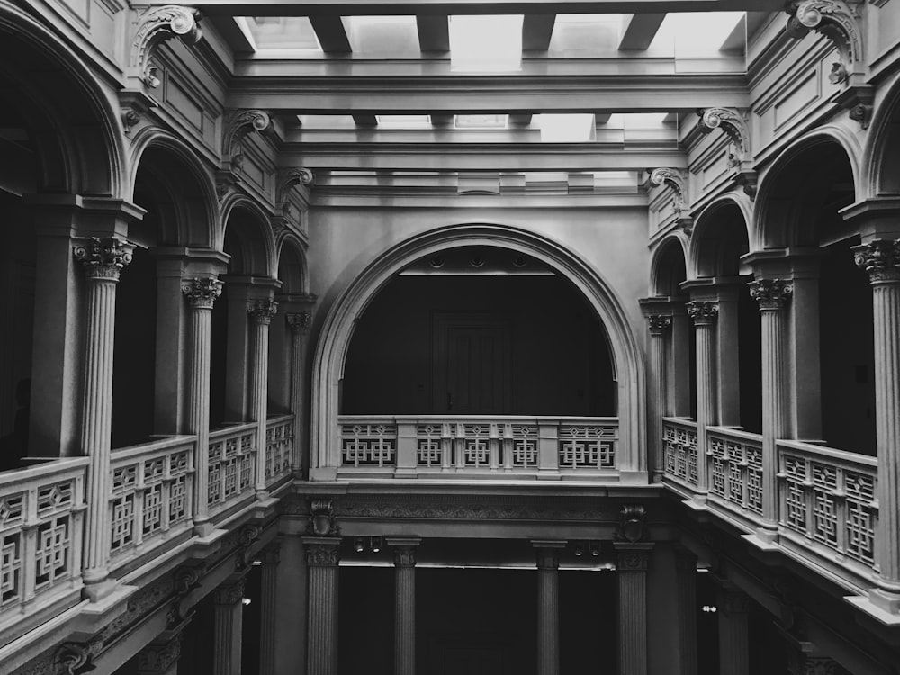 grayscale photo of concrete building