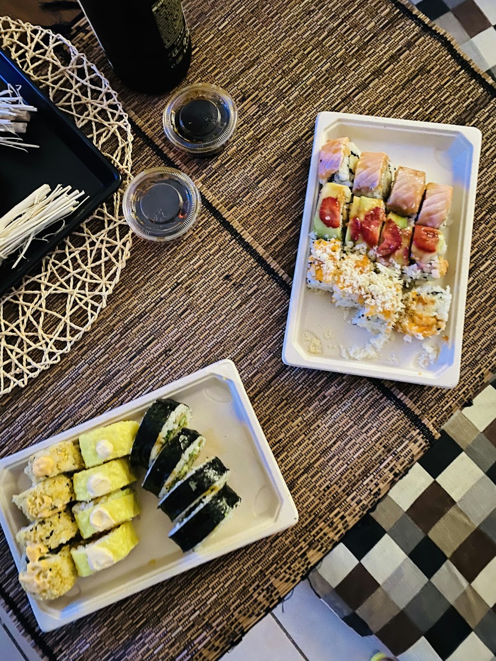 sushi on white plastic container