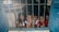 A group of young children smiling through a window with metal bars. The children appear cheerful and lively, looking directly at the viewer. The blue window frame contrasts with the children's colorful clothing.