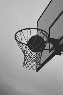 basketball hoop in grayscale photography