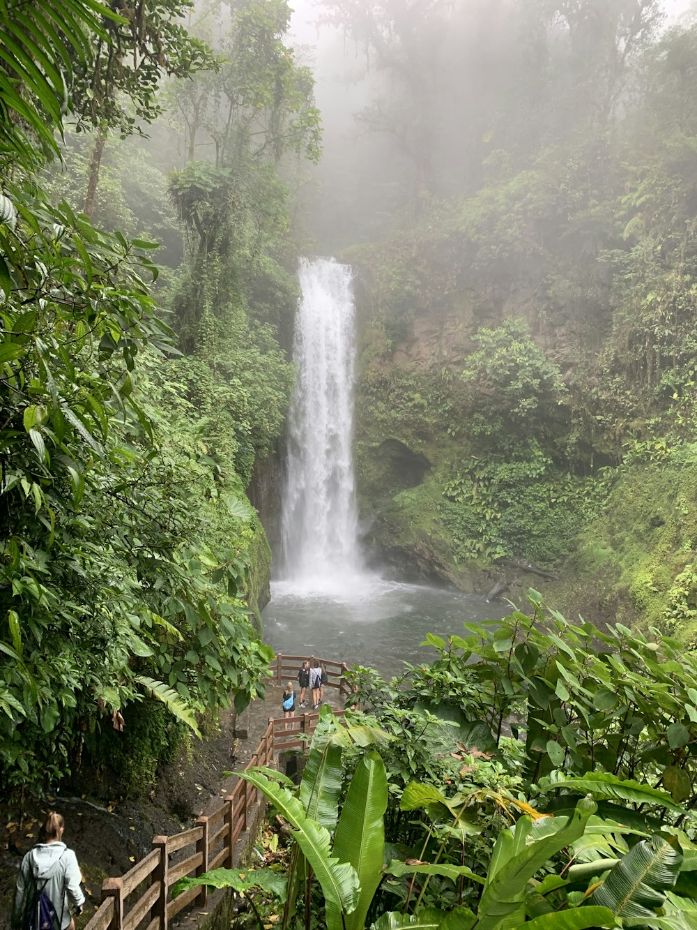 people walking on wooden bridge in front of waterfalls during daytime