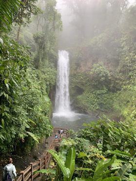 people walking on wooden bridge in front of waterfalls during daytime