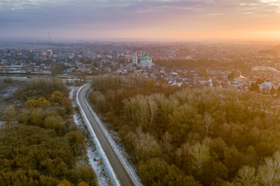 aerial view of city during sunset