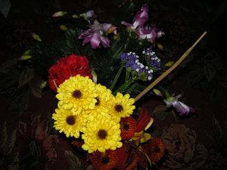 A vibrant arrangement of assorted flowers featuring yellow daisies, red carnations, purple orchids, and small violet flowers, set against dark green leaves. The flowers are placed on a dark floral-patterned surface.