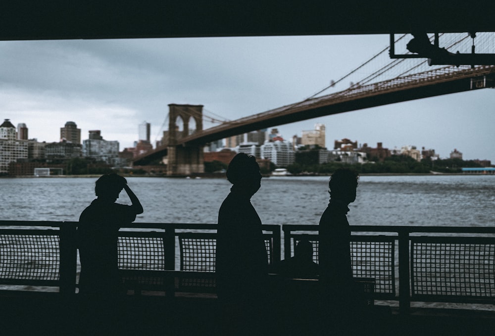 silhouette of couple standing on bridge during daytime