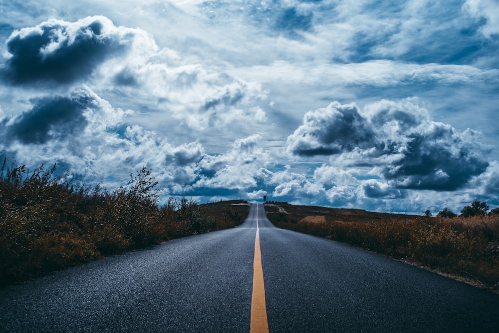 gray asphalt road between green trees under white clouds and blue sky during daytime