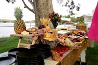 A lavish outdoor buffet spread on wooden tables features an array of gourmet items including a whole pineapple, various cheeses, cured meats, grapes, strawberries, and bread. The background displays a park-like setting with trees and a distant view of a bridge and water. Dark plates are stacked in the foreground, and decorative flowers enhance the presentation.