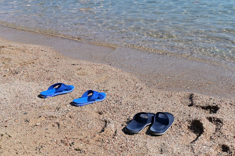 blue and black flip flops on beach