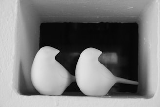 Two ceramic bird figures are placed next to each other inside a small cubby space with a dark background. The figures are simplistic and featureless, creating a minimalist aesthetic.