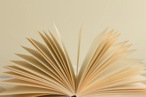 An open book with fanned pages against a plain light background