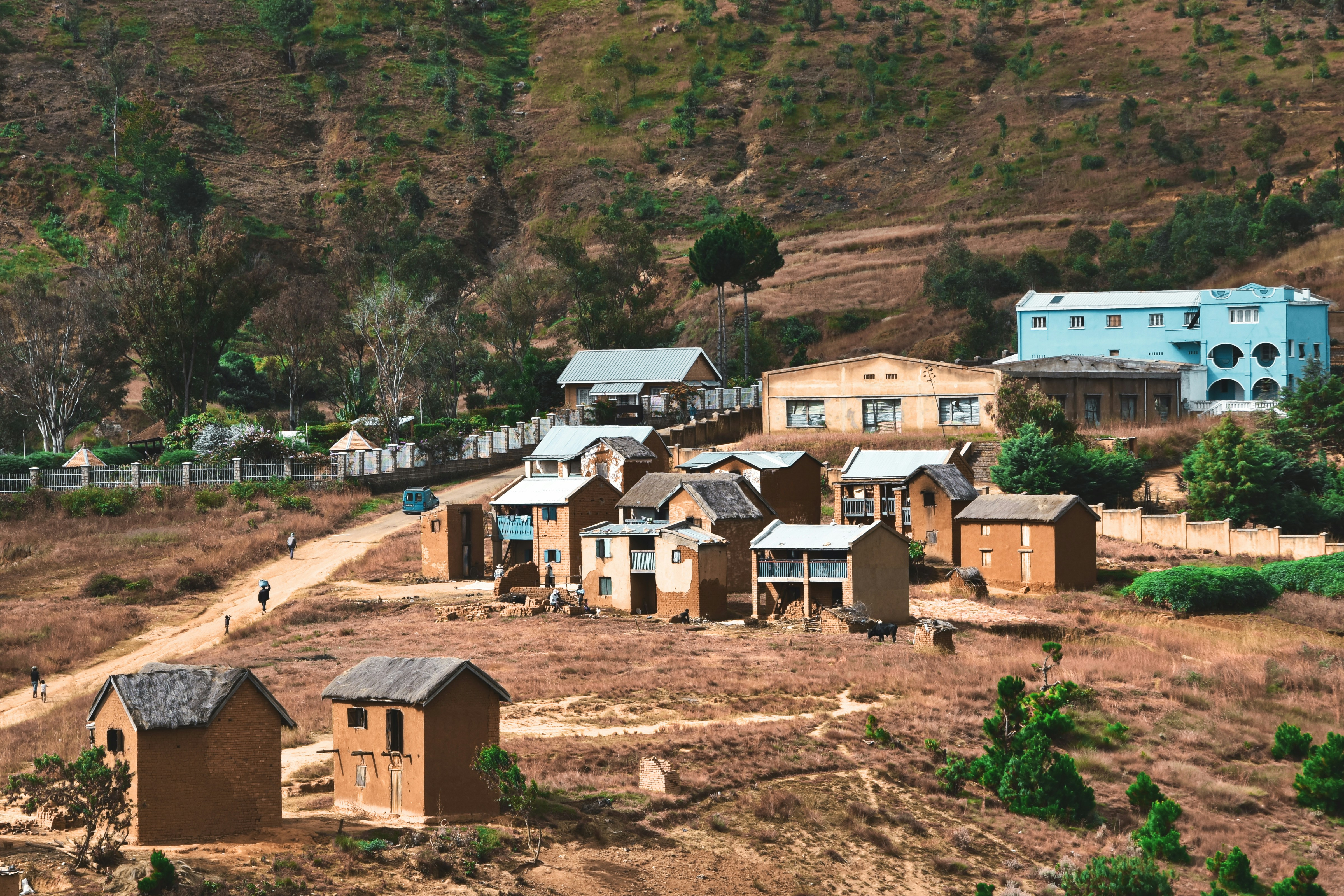 brown and white concrete houses near green trees during daytime