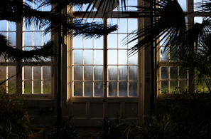 Glass sliding doors opening to a lush garden on a sunny day