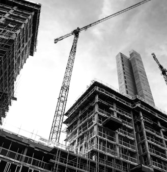 grayscale photo of crane in front of building