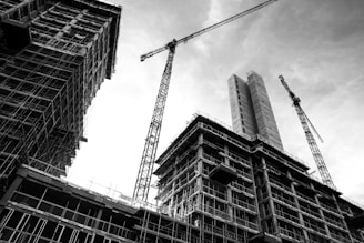 grayscale photo of crane in front of building