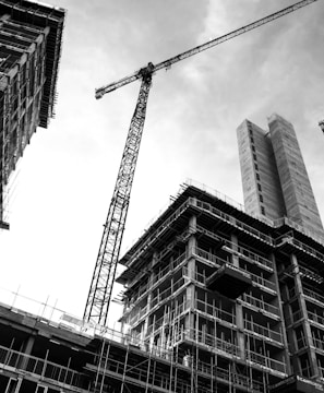 grayscale photo of crane in front of building