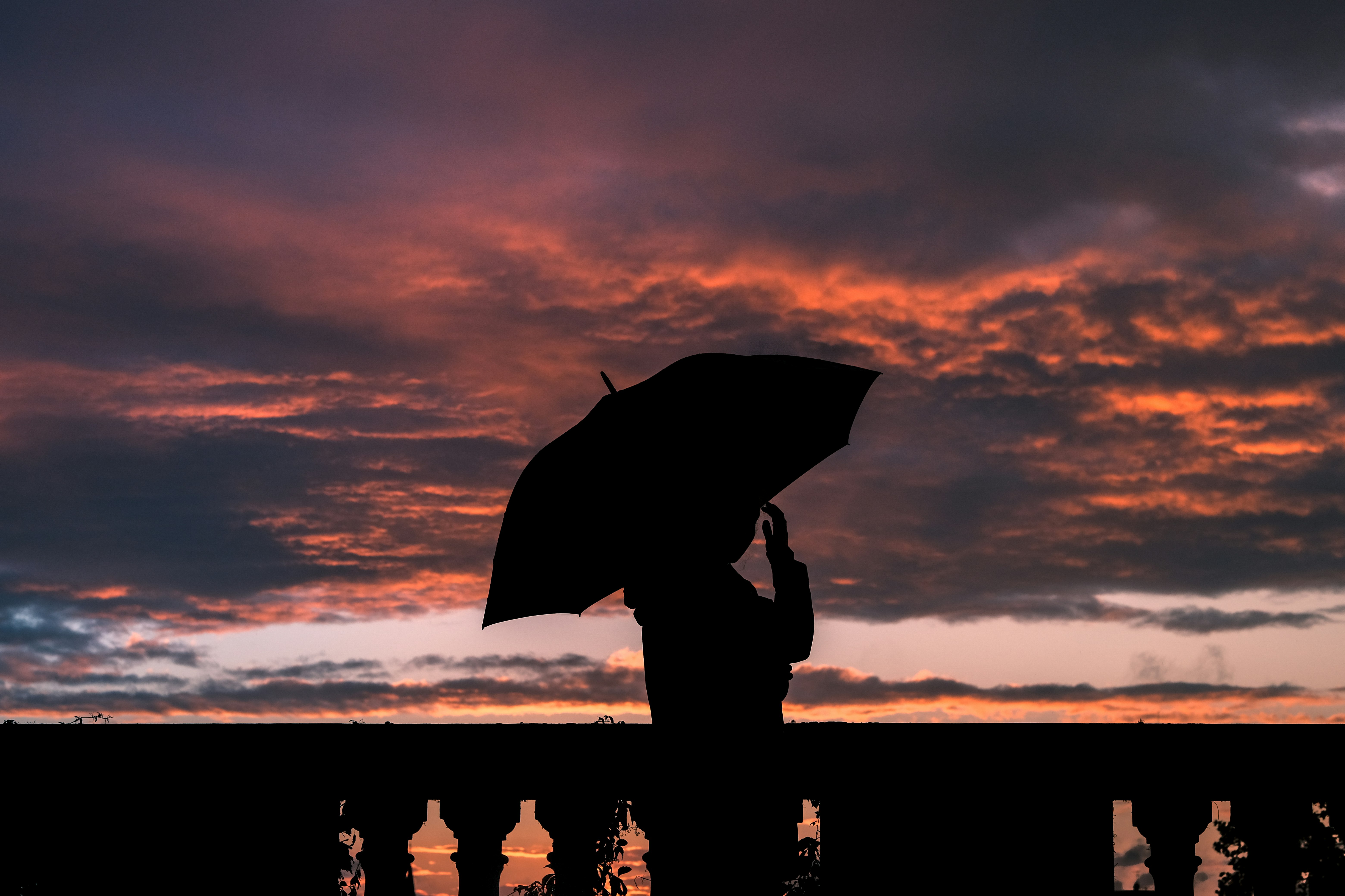 silhouette of person holding umbrella during sunset