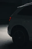 Rear view illuminated by subtle red taillights, emphasizing the sleek silhouette of the Model Y.