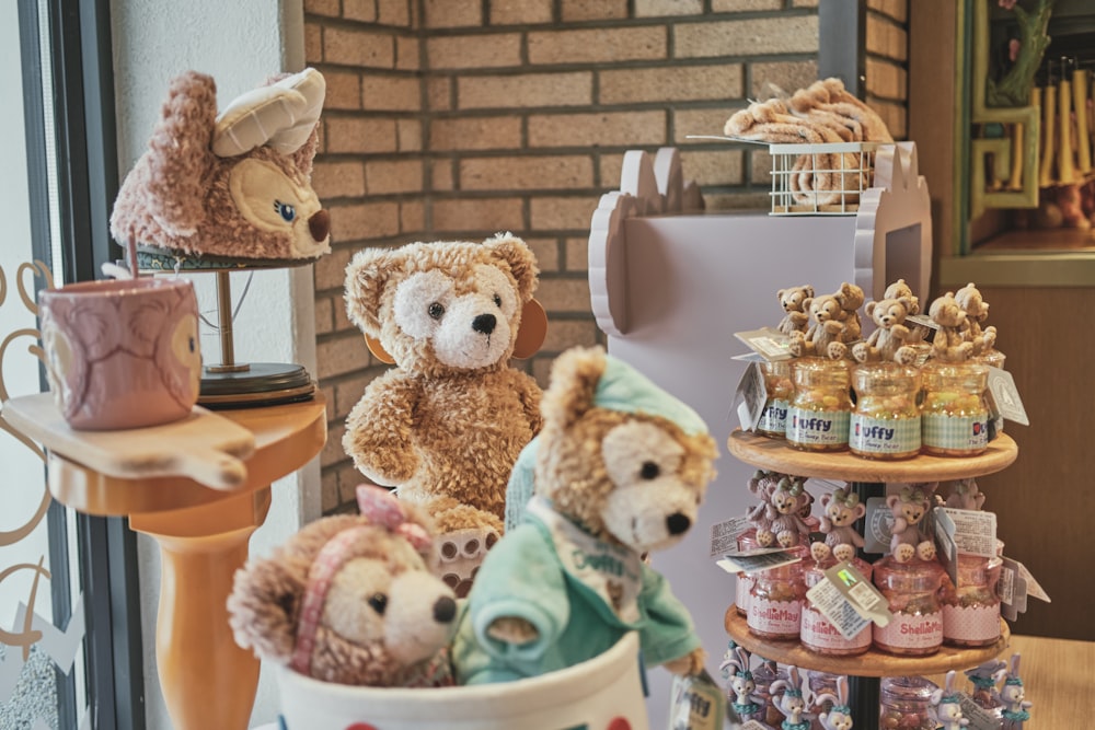 brown bear plush toy on white shelf