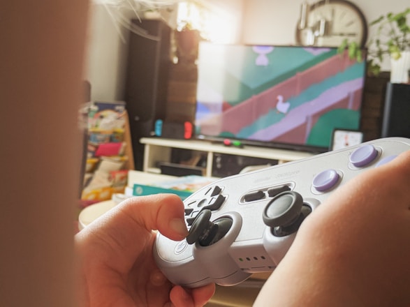 A person is holding a retro-styled video game controller with their thumbs resting on the analog sticks. In the background, a television display shows a video game scene featuring a white duck walking along a stream bordered by grass. The room is warmly lit, with various items such as a clock and some plants visible in the background.