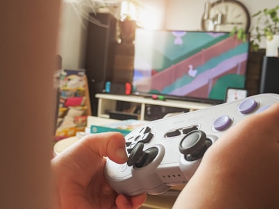 A person is holding a retro-styled video game controller with their thumbs resting on the analog sticks. In the background, a television display shows a video game scene featuring a white duck walking along a stream bordered by grass. The room is warmly lit, with various items such as a clock and some plants visible in the background.