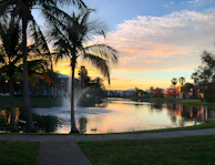 A peaceful lakeside view with palm trees reflecting on the water, capturing the essence of our community.