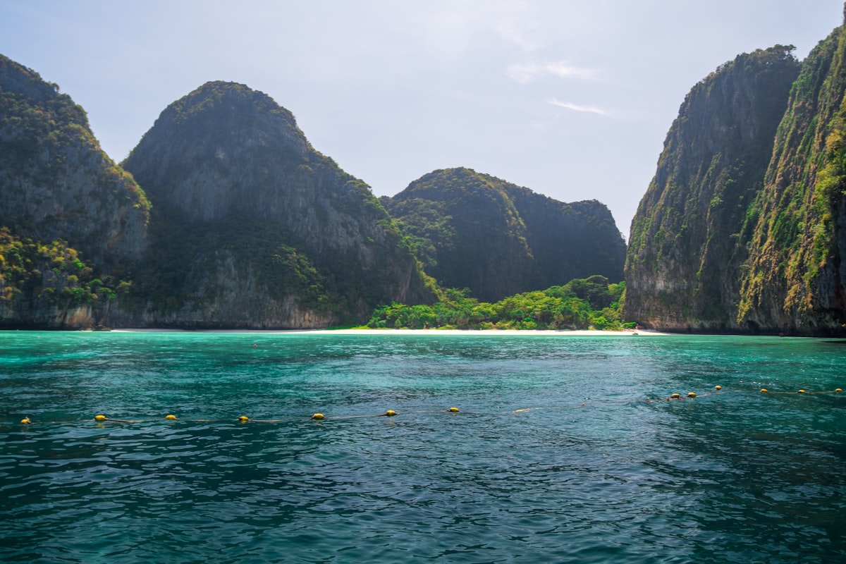 Tonsai Village ferry pier and backpacker beach Phi Phi Don at sunset