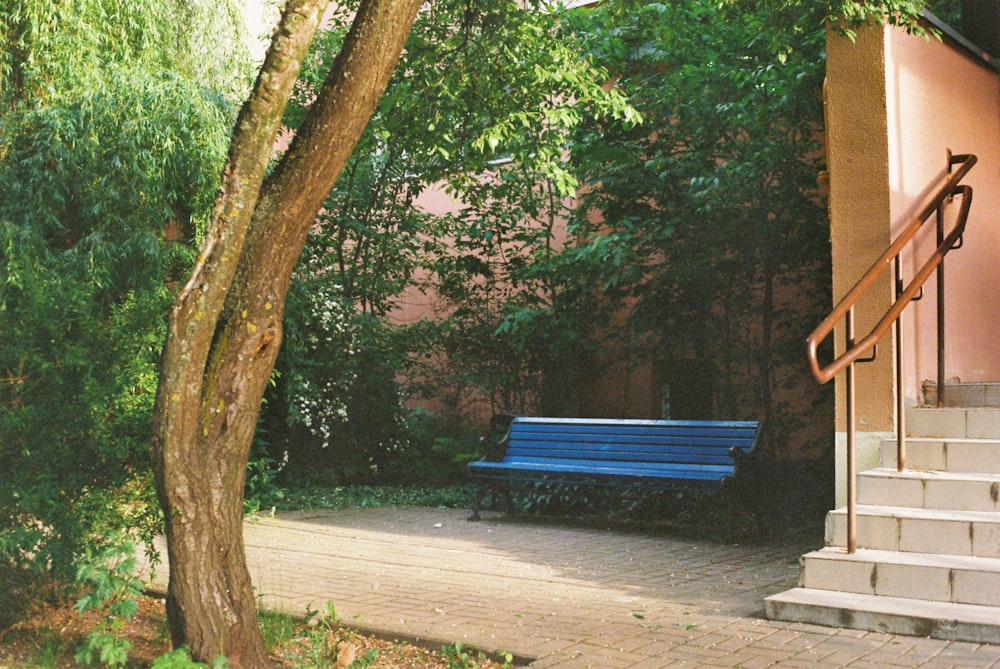茶色の木の下の青いベンチ