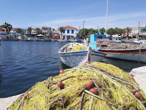 A picturesque coastal scene features fishing boats along a calm waterfront with vibrant blue water reflecting the sky. The foreground is dominated by a tangle of yellow fishing nets with red buoys. In the background, a row of quaint buildings and palm trees lines the shore under a clear blue sky, suggesting a serene and lively fishing village.