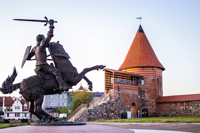 The Vytis horseman statue in front of Kaunas castle