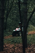 A team clearing an ATV path through dense woods.