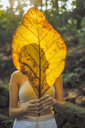 woman in white tank top holding yellow maple leaf