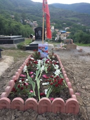 A grave adorned with red and white flowers is surrounded by a low pink brick border. A photograph and a flag are positioned at the head of the grave. The background features a scenic view of lush green hills and a village with scattered houses.