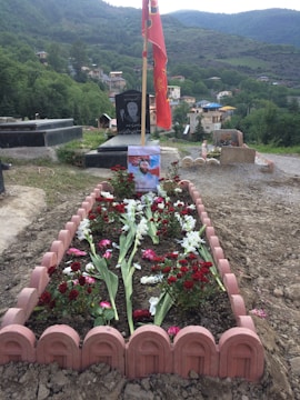 A grave adorned with red and white flowers is surrounded by a low pink brick border. A photograph and a flag are positioned at the head of the grave. The background features a scenic view of lush green hills and a village with scattered houses.