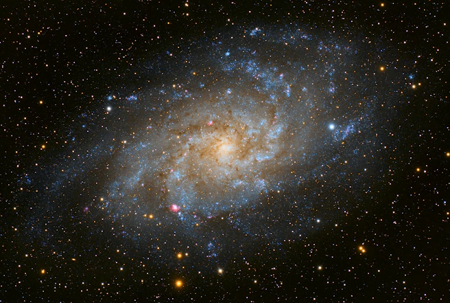 The Triangulum Galaxy glowing with blue star clusters among scattered stars in space