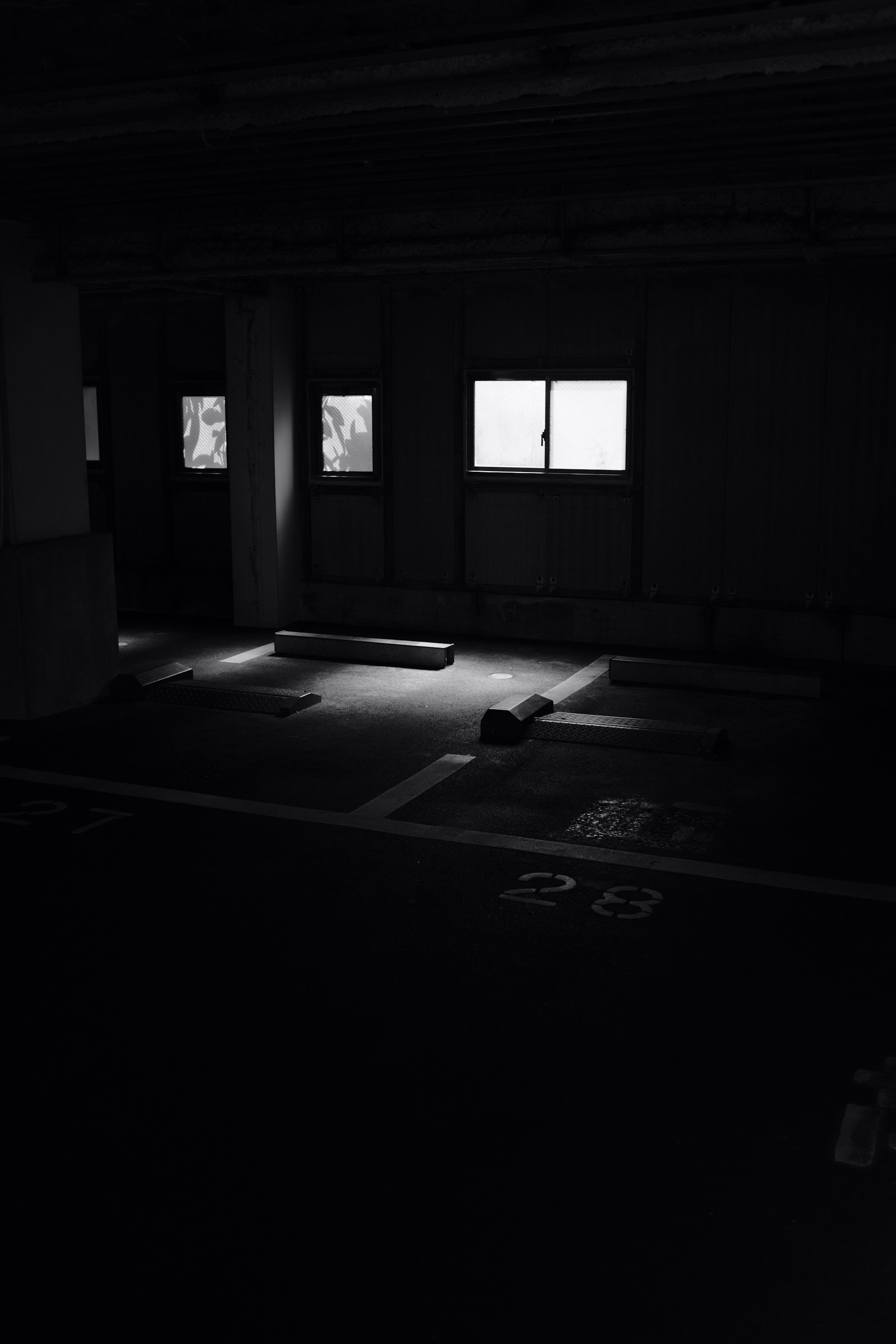 grayscale photo of room with glass windows