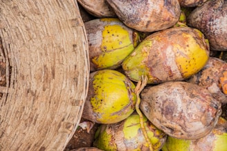 A collection of coconuts with rough, textured husks is piled closely together. On the left side of the image, a woven basket made of natural fibers is partially visible, suggesting a scene of harvesting or storage.