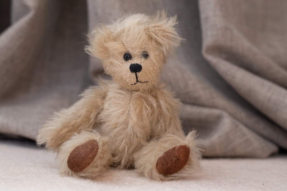 brown bear plush toy on brown textile