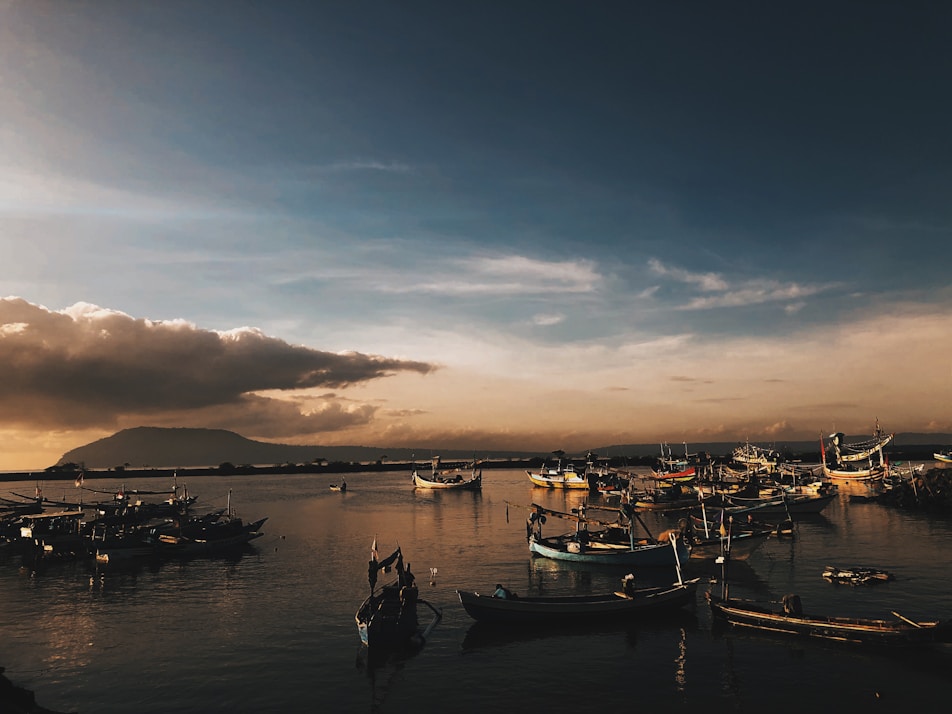white and blue boat on sea during sunset