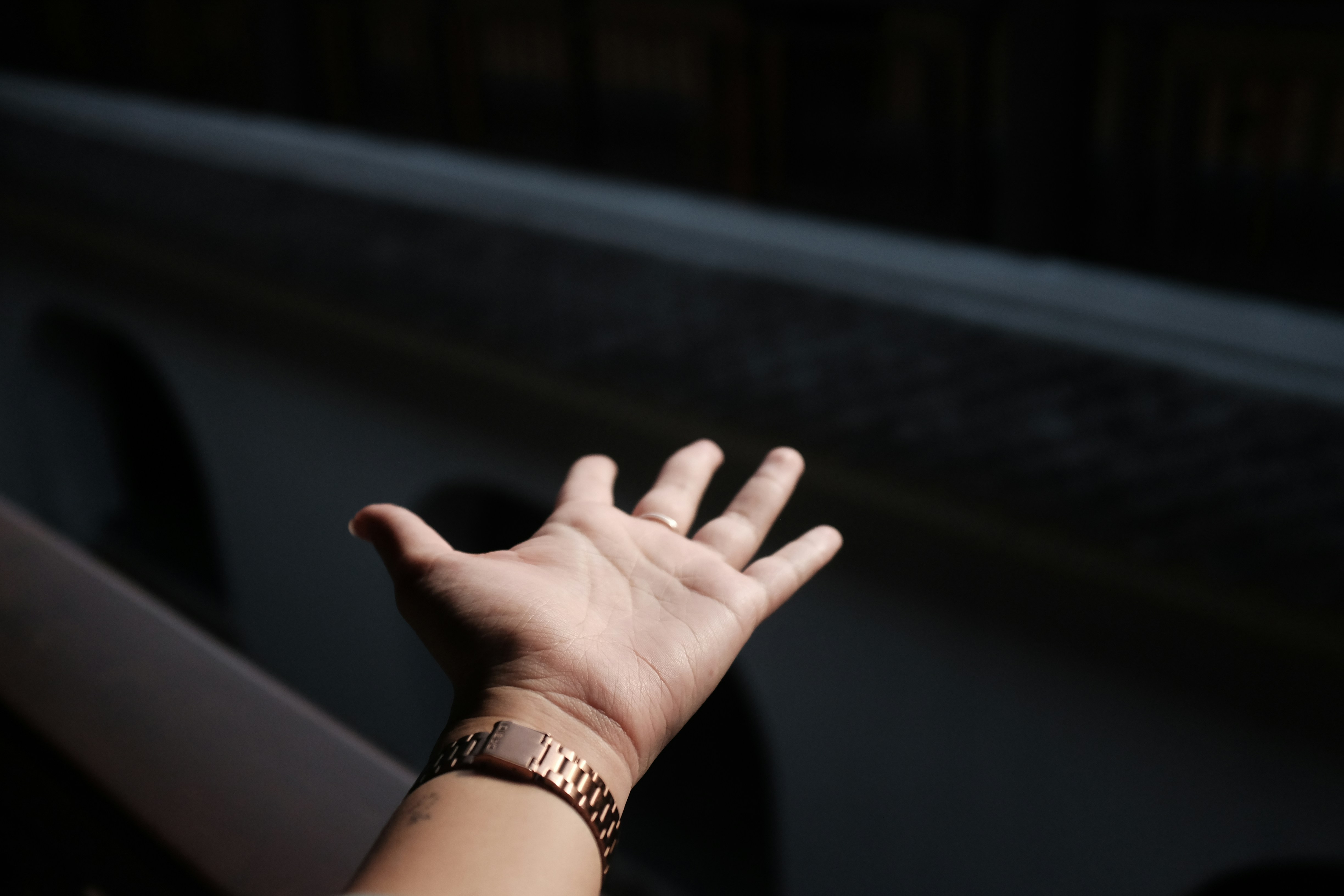 a person holding their hand out in the dark, Hand in the early sunshine