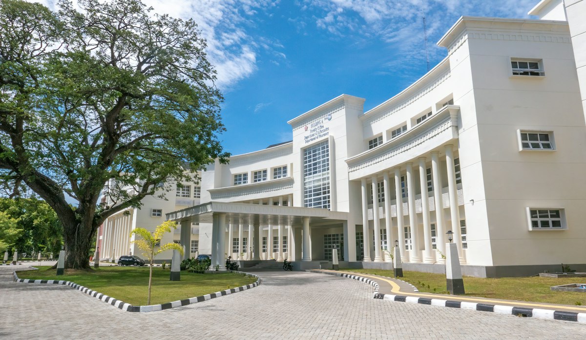 School building surrounded by green trees