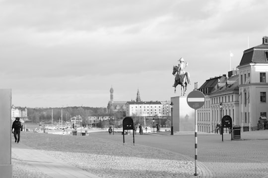 grayscale photo of man riding horse statue near body of water in Stockholm Palace Sweden