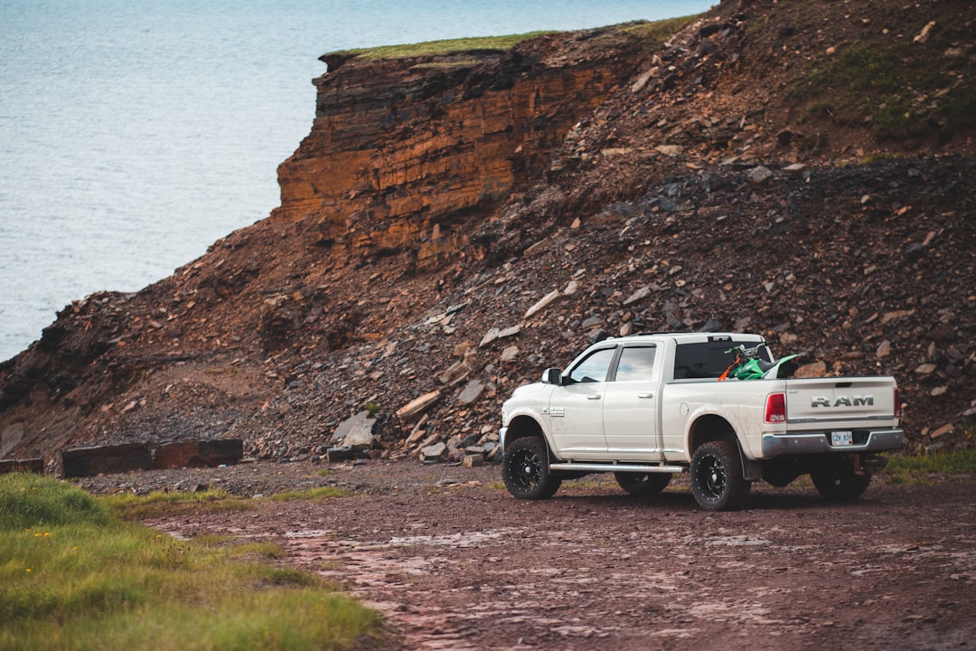 white crew cab pickup truck on brown field near body of water during daytime