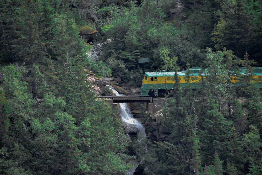 green and yellow train on bridge over river